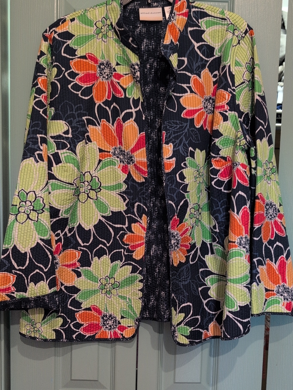 Alfred Dunner Navy Quilted Jacket with Green Orange Pink Floral Print